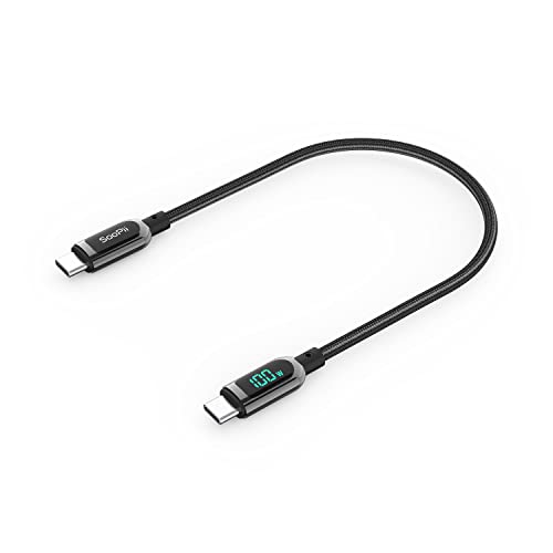 SooPii Câble USB C vers USB C,100W PD Charge Rapide,Type C Nylon Tressé, avec affichage LED pour lPhone 15/15 Pro/15 Plus, lPad Air, MacBook Pro, Galaxy S23/S22 (0.3M Noir)