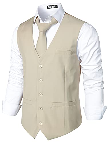 Zeroyaa Men's Hipster Urban Design 3 Pockets Business Formal Dress Vest For Suit Tuxedo Zlsv16 Beige Large #TOP1
