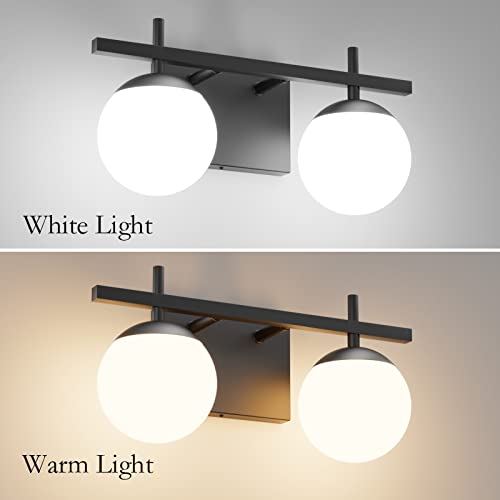 Image of Ralbay Matte Black Bathroom Light Fitures 2-Light Mid Century Modern Bathroom Light Fixture Matte Black Milky Glass Ball Wall Light Black 2 Light