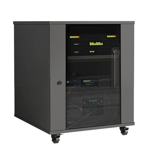 Mueble multimedia con estantes ajustables y puerta de cristal, soporte de audio móvil para electrónica y TV, diseño moderno, ideal para almacenamiento de entretenimiento en casa