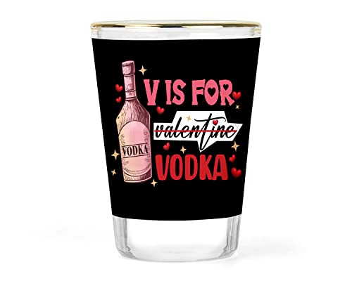 V is for Vodka Shot Glass - Valentine's Day Gift - Vodka Shot Glass - Gift for Her - Vodka Glass - Hearts Shot Glass - Vday Gift Ideas - Unique Vodka Barware - 1.5 ounce Gold-rimmed Shot Glass