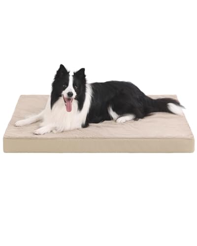 Image of KSIIA Orthopedic Dog Bed for Large Dogs with Waterproof Lining, Khaki,41x27 | Deluxe Soft Plush Dog Crate Bed, Washable Pet Mat with Removable Cover & Egg Crate Foam for Large Dogs Sleeping & Relaxing
