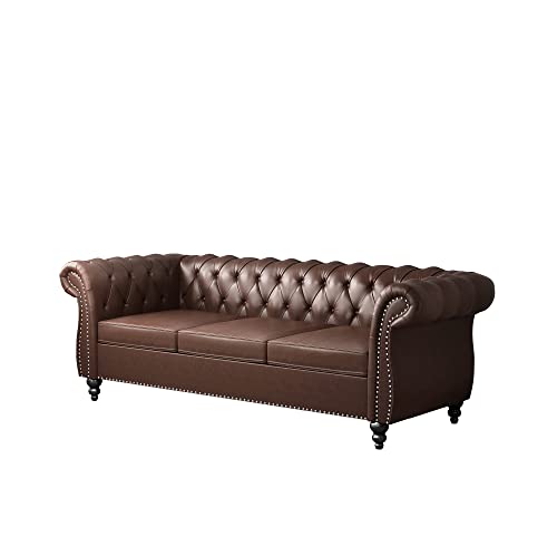 Avzear Leather Sofa 3 Seater Couch, Large Sofa Furniture Roll Arm Classic Tufted Chesterfield Settee Leather Sofa With Channel Tufted Seat Back For Living Room, Brown Pu #TOP7