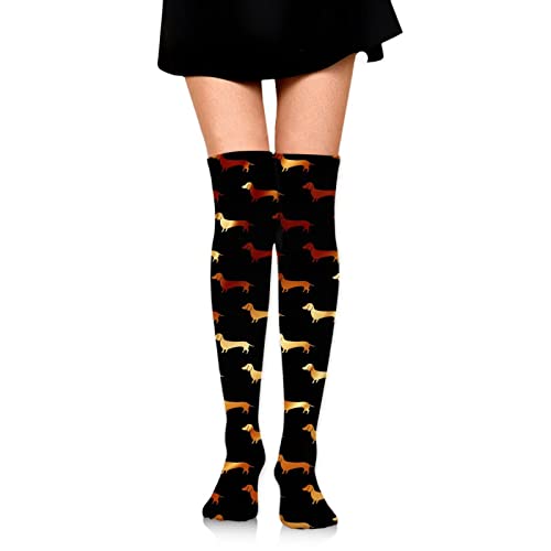 Women Thin Tube Thigh High Tights Gold Dachshund Or Doxie Pattern Black Over Knee Socks Casual High Warm Stockings