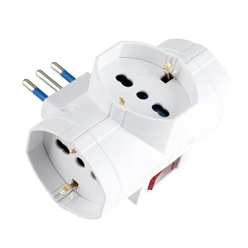 Adattatore Triplo Presa 10A/16A Max 1500W con Interruttore Rosso e Spina Italiana Tipo L, 3 Prese Universali Compatibili Schuko | Presa Multipla Sicura per Casa e Ufficio, Colore Bianco