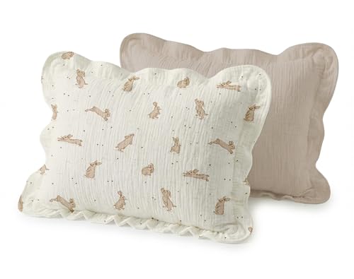 Image of Toddler Pillowcases for 13 inchx18 inch Pillow 2 Pack, Muslin Small Toddler Baby Kids Travel Pillow Covers for Boys Girls with Envelope Closure (Hopping Bunnies & Beige-Ruffled, 13 x 18 Inch)