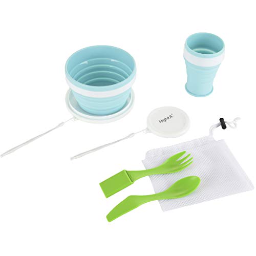 Highkit Reusable Camping Dinner Set with Spoon and Fork.Portable Silicone Collapsible Bowl 950ml,X-Large Travel Folding Cup/Mug with Lid 350ml for Outdoor and Hiking