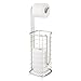 mDesign Metal Free Standing Toilet Paper Holder Stand and Dispenser, with Storage for 3 Spare Rolls of Toilet Tissue While Dispensing 1 Roll for Bathrooms/Powder Rooms - Holds Mega Rolls - Satin