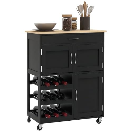 HOMCOM Carrello da Cucina con 9 Portabottiglie, 3 Ante, 4 Ruote e Cassetto, Mobiletto Cucina Salvaspazio con Piano in Legno di Gomma, per Soggiorno, 67x37x87 cm, Nero e Rovere