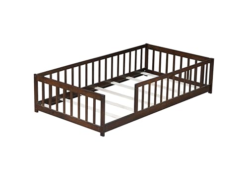 Bellemave Twin Size Floor Bed with slats for Kids, Girls, Boys, Wood Montessori Floor Bed with Guard Rails, Without Door, Walnut