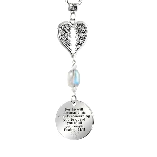 Fiknonk 1 PC Guardian Angel Car Charms for Rear View Mirror, Christian Heart-Shaped Hanging Ornament, Meaningful Interior Decoration, Universal for Most Cars, Trucks, SUVs (Silver)