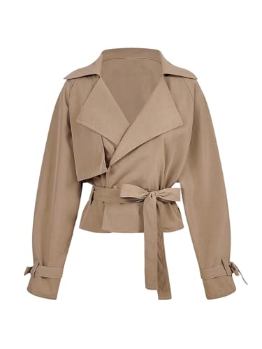 Verdusa Women's Old Money Wrap Tie Belted Trench Coat Lapel Collar Double Breasted Short Outerwear Khaki Small