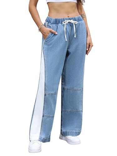 ONESO Womens Wide Leg Jeans Mid Rise Baggy Patchwork Straight Leg