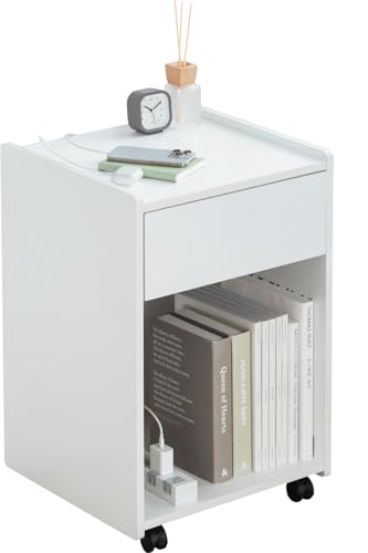 イーサプライ サイドテーブル ナイトテーブル ベッド横 幅43cm 奥行40cm 高さ64cm 引き出し キャスター付き 配線穴 木製 棚 収納 おしゃれ ホワイト EEX-WG15WH