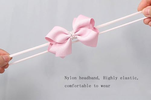 Baby Girls Ribbon Bow Elastic Nylon Headband with Crystal Crown Toddler Bow-knot Stretchy Hair Band Birthday Party Hair Bow Accessories for Newborn Infant (Beige 3, Elastic)4