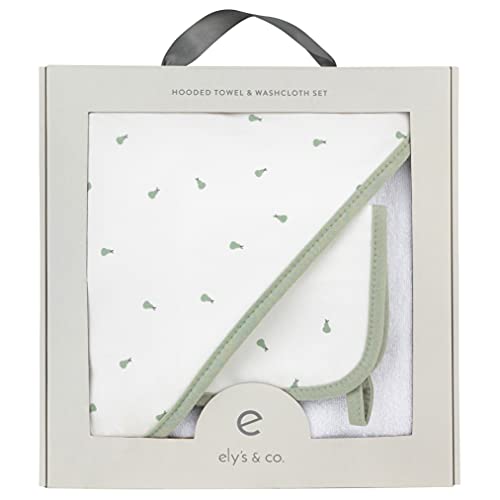 Image of Ely's & Co. Baby Hooded Towel and Wash Cloth Set, Thick Absorbent 100% Cotton Terry, for Newborn Baby Girl /Boy, Bath Towel 35x35 inch with Pocketed Wash Cloth 10x10 inch (Sage Pear Collection)