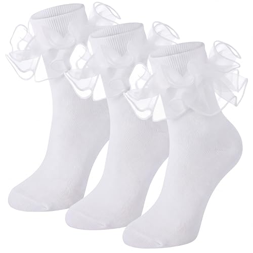 Image of Geyoga 3 Pairs Women Big Ruffle Socks Turn Cuff, Double Lace Ankle Cotton Frilly Socks for Ladies Summer