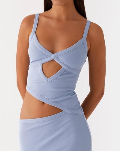Image of NUFIWI Women Bodycon Spaghetti Strap Cutout Maxi Dress Hollow Sexy Fitted Dresses Sleeveless Stretch Slip Long Dress