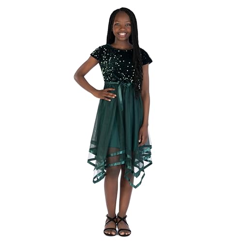 Speechless Girls' Short Sleeve Sequin Bodice Tulle Skirt Party Dress with Hanky Hem