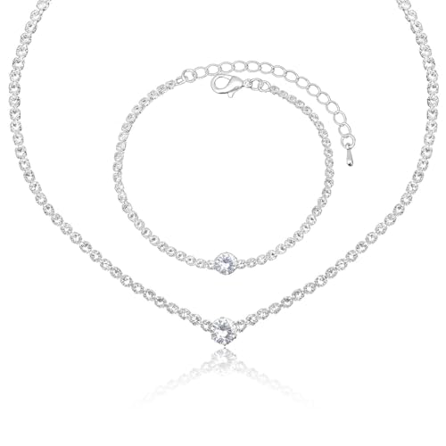 QEXUJOW Collares para mujer,2 collares de boda con diamantes de imitación, collares de novia, pendientes, collares de noche, joyas