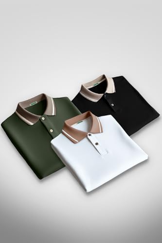 Image of Veirdo Pure Cotton Half Sleeves Regular Fit Plain Solid Classic Polo Colored Collar T-Shirt for Men (Colors: Olive, Black & White)