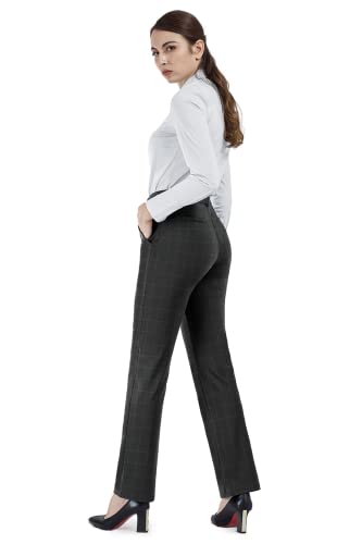 Bamans Work Pants For Women Yoga Dress Pants Straight Leg Stretch Work Pant With Pockets(Black Grey Plaid,Small,31" Inseam) #TOP3