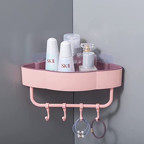 Image of Klaxon Ares Self Adhesive Corner Shelf with Towel Holder & Hooks | Wall Mounted Rack for Bathroom /Kitchen /Washbasin (Pink)