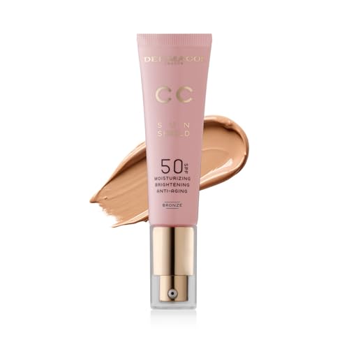 Dermacol CC Cream Sun Shield,Base CC correctora de color, cobertura ligera a media, acabado luminoso, SPF 50, con vitamina E y ácido hialurónico, fórmula ligera e hidratante, 30 ml, Bronze