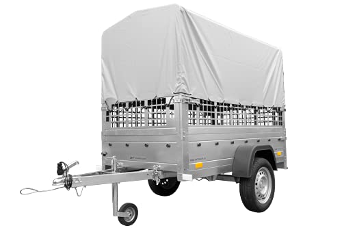 Unitrailer Auto Anhänger Garden Trailer 200 Kipp mit Stützrad, Grauer Hochplane, Gitteraufsatz; Autoanhänger 750kg Kipper mit Geriffelter Oberfläche der Bordwände und Abnehmbarer Bordwand