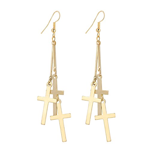 IDB Dangle Triple Cross Religious Hook Earrings - Large Dangling Cross Earrings - Approx 3 15/16 inch Drop - Available in Silver and Gold Tones