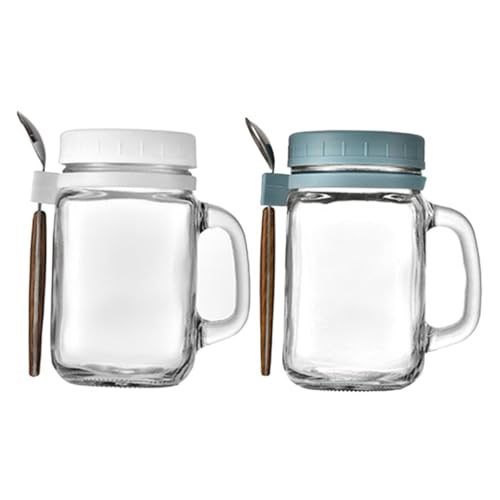 POPETPOP 2セット 蓋付きポータブルガラス容器 スプーン付きオーバーナイトオートミールカップ ヨーグルトやルに 食事準備やアウトドアに便