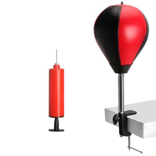 Desk Boxing Speed Ball with Clamp 17cm Punching Ball Training Set Heavy Duty Spring Table Top Reflex Ball for Home Office Reaction & Coordination Workout Red/Black with Pump