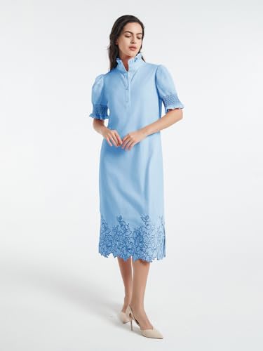 Image of Women's Summer Embroidered Midi Dress 2026 Button Down Short Sleeve Floral Shirt Dress