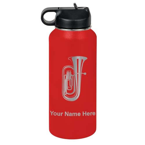 LaserGram Personalized Water Bottle, Tuba, Stainless Steel Double Wall Vacuum Insulated with Flip Top Straw, Custom Engraved Gift (32oz / 950ml Red)