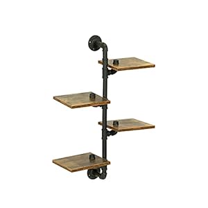 Pipe Shelf Industrial Pipe Shelving 4 Tier Wall Book Shelf Corner Shelves with Wood Planks Wall Mounted Metal Floating Farmhouse Wall Rustic Decor Bookcase for Bathroom Bedroom Living Room