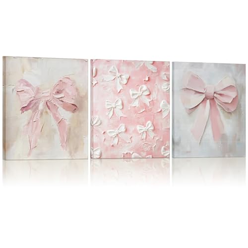 AmazingSpark 3 Pcs Coquette Pink Bow Canvas Wall Decor Cute Oil Painting Bow Wall Decor Print Trendy Preppy Cute Art with Framed for Christmas Bedroom Bathroom Kitchen College 9.84 x 7.87 Inch