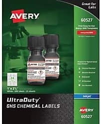 Avery UltraDuty GHS Chemical Labels, 60527, for Inkjet Printers, 1" x 2 1/2", White, Pack of 600