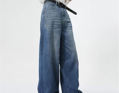 Men Vintage Washed Straight Denim Pants High Waisted Loose Fit Wide Leg Casual Office Trousers4