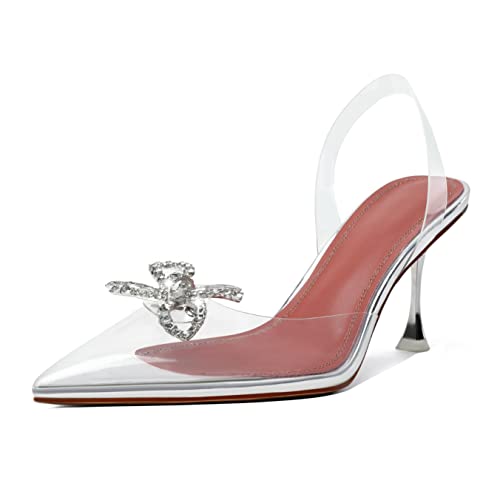 AUMOTED Women Slingback Clear Pumps Pointed Toe Metallic Stiletto High Heel Rhinestone Pumps Ankle Strap Dress Shoes Wedding 3.5 Inch