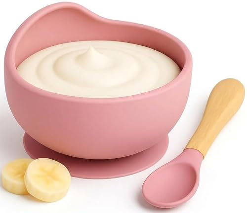 Image of Coofandy Silicone Baby Feeding Bowl with Wooden Handle Spoon,BPA-Free, Non-Slip Baby Feeding Bowl for Self-Feeding, Unbreakable Silicone Non-Slip Suction, Microwave & Dishwasher Safe,(Pink)