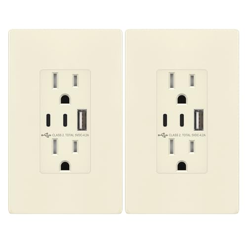 Image of TOPGREENER 4.2A 3-Port Type C USB Outlet, 15 Amp Receptacle Plug, Charging Power Outlet with Dual Type C&A Ports, Screwless Wall Plate Included, UL Listed, TU21542AC2-LASID, Light Almond, 2 Pack
