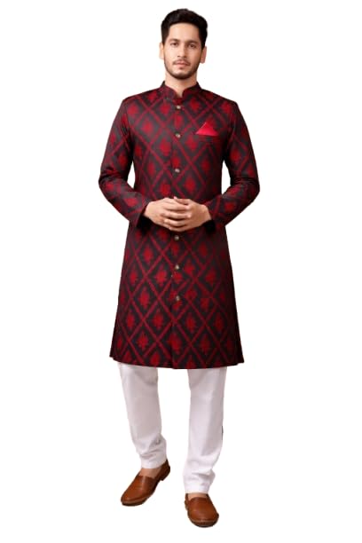 amzira Mens Ethnic Wear Red Indo Western Pajama Set-picture-11