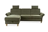 CAVADORE Schlafsofa Wyk mit Federkern / Ecksofa im Landhaus-Stil mit Longchair, Bett, Bettkasten, Armteilfunktion + 2 Kopfstützen / 252 x 90 x 162 / Chenille, Grün