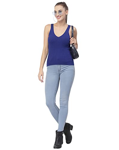Image of Kalt Women Knitted, Ribbed Cotton Fitted Sleeveless V-Neck Cami Tank Top for Women Stylish
