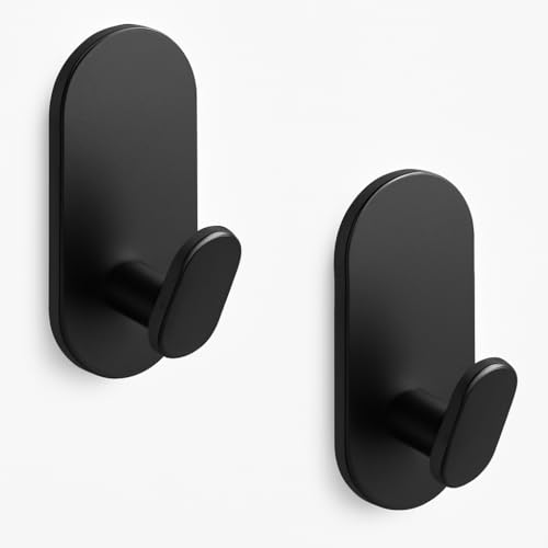 WZRUA Adhesive Towel Hooks for Bathrooms 2 Pack Matte Black Stainless Steel and Zinc Alloy Sticky Wall Hooks for Hanging Heavy Duty Self Adhesive Robe Shower Hanger for Kitchen, Closet, Cabinet, Door