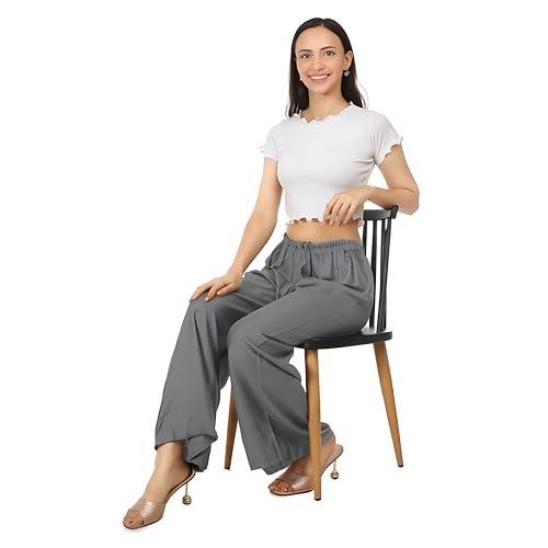 Image of Women's Rayon Palazzo Pants | Solid Color Wide Leg Trousers in 18 Shades | Elastic Waist Casual Bottoms XS-7XL | Comfortable
