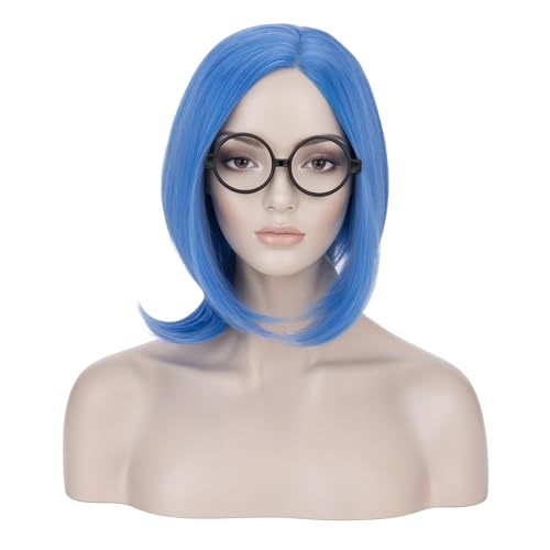 Image of S-noilite Blue Sadness Costume Wig with Glasses Short Blue Bob Wigs Synthetic Hair for Women Halloween Anime Cosplay Party