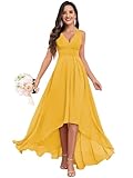 WIKGUI Chiffon V Neck Bridesmaid Dresses for Wedding Mustard Yellow Hi-Low A-line Formal Dress Gown with Pockets Size 14