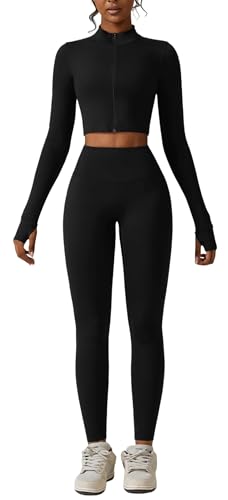 3 Piece Women Workout Set Sports Bra Crop Top Jacket with Thumb Holes Tummy Control High Waist Leggings