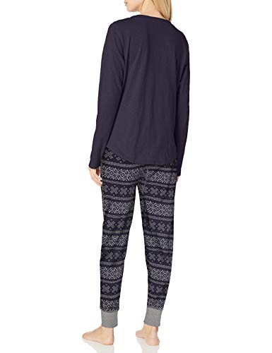 Splendid Women's Long Sleeve Henley and Jogger Pajama Lounge Set, Peacoat, Midnight Blue fair Isle, L